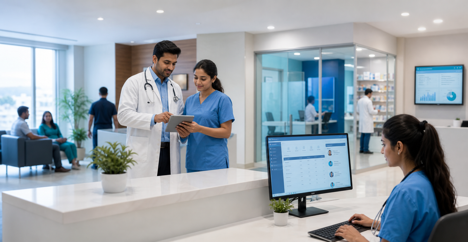 Healthcare management software dashboard in a modern clinic