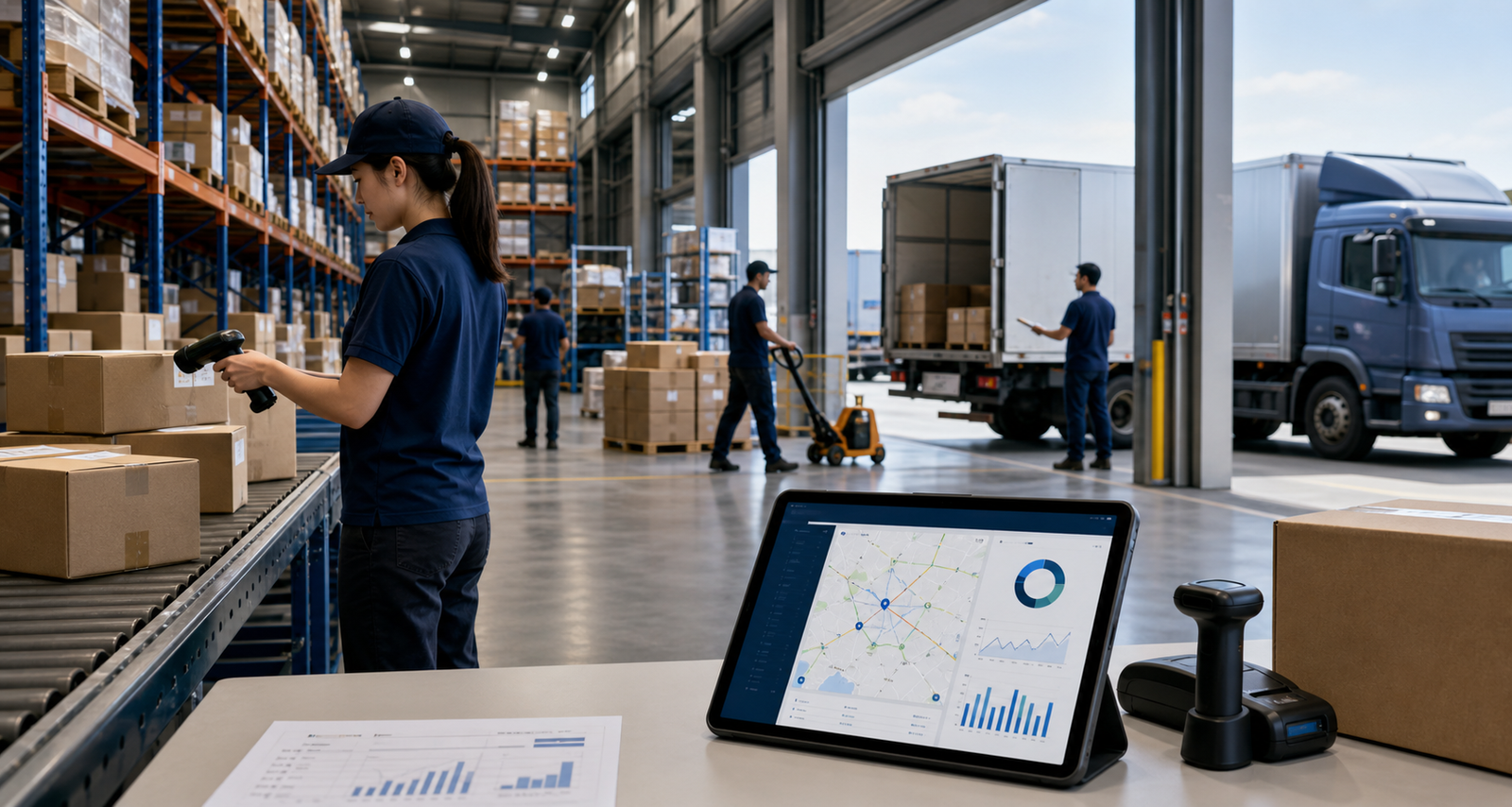 Logistics software dashboard in a warehouse and loading dock
