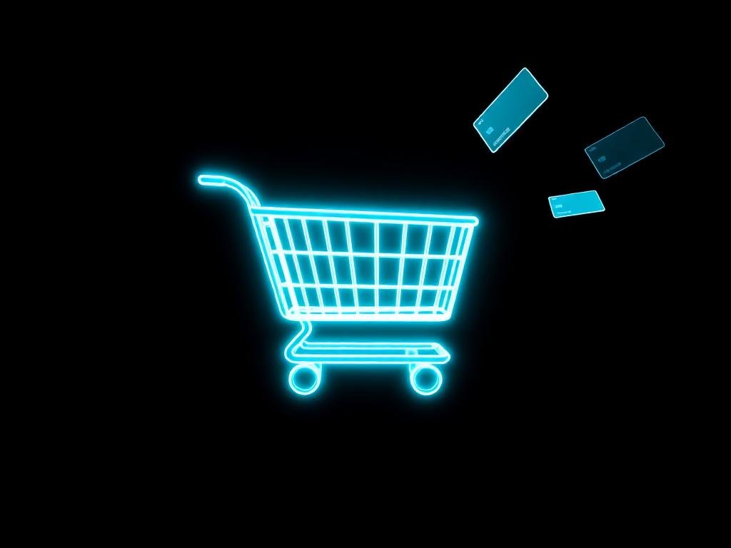Glowing neon shopping cart with floating payment cards