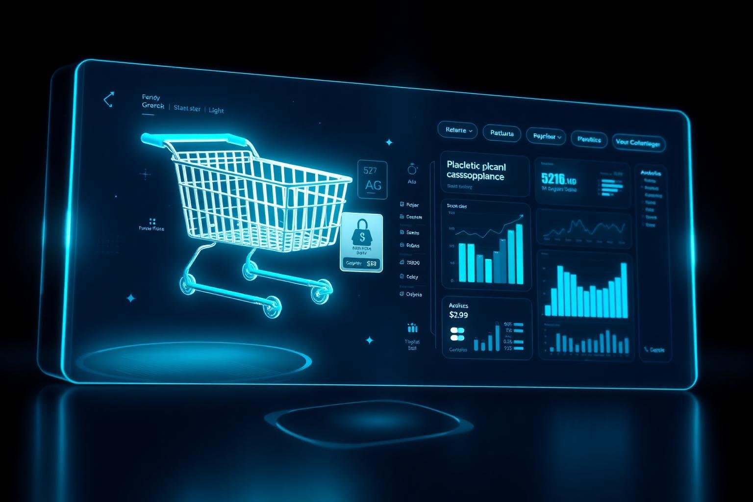 Holographic ecommerce dashboard with shopping cart and analytics